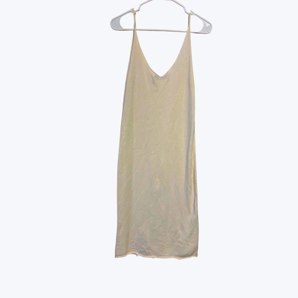 AURA Slip Dress Cream White Knit V Neck Sleeveless Midi 100% Cotton Minimalist S
